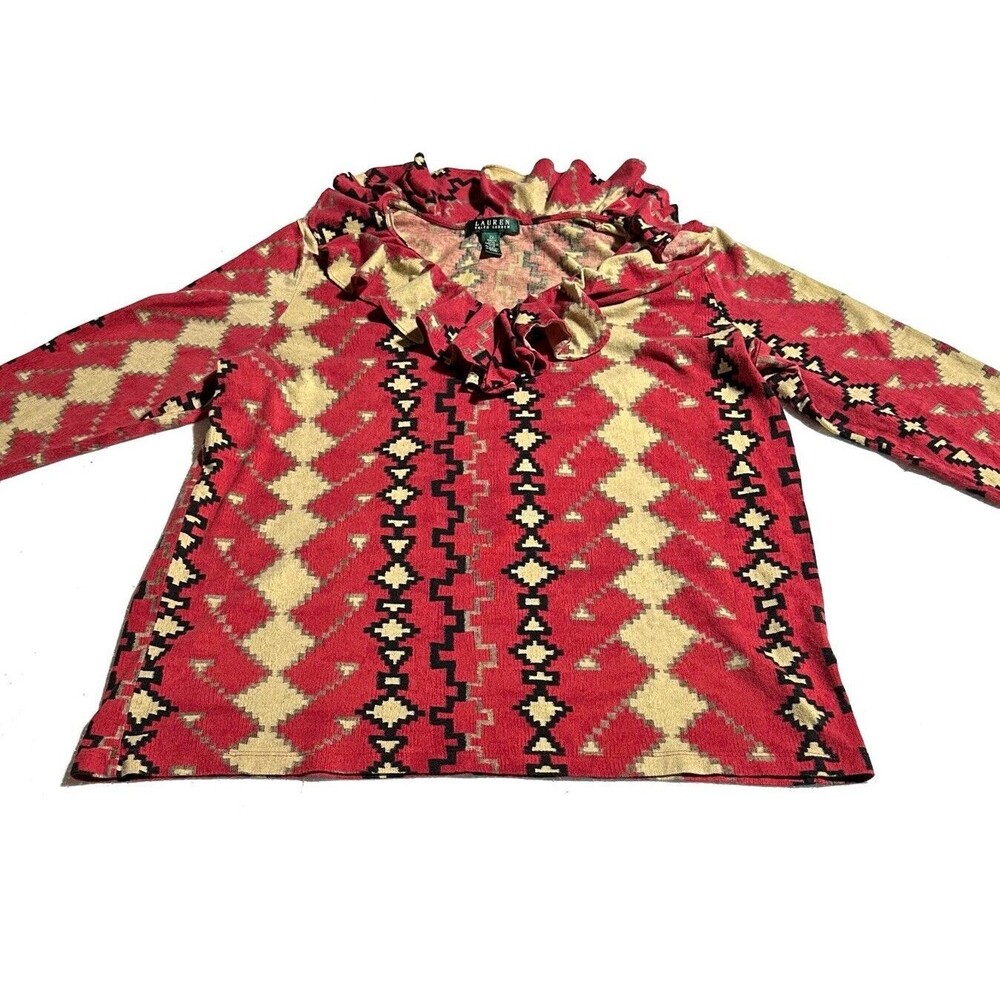 Lauren Ralph Lauren Size 2X Aztec Print Top Southwest Ruffle Collar 3/4 Sleeve